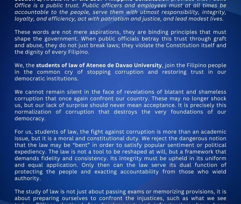 𝐒𝐓𝐀𝐓𝐄𝐌𝐄𝐍𝐓 𝐎𝐅 𝐓𝐇𝐄 𝐀𝐓𝐄𝐍𝐄𝐎 𝐃𝐄 𝐃𝐀𝐕𝐀𝐎 𝐔𝐍𝐈𝐕𝐄𝐑𝐒𝐈𝐓𝐘 𝐂𝐎𝐋𝐋𝐄𝐆𝐄 𝐎𝐅 𝐋𝐀𝐖 𝐒𝐔𝐏𝐑𝐄𝐌𝐄 𝐒𝐓𝐔𝐃𝐄𝐍𝐓 𝐂𝐎𝐔𝐍𝐂𝐈𝐋 𝐀𝐍𝐃 𝐀𝐃𝐃𝐔 𝐋𝐀𝐖 𝐒𝐓𝐔𝐃𝐄𝐍𝐓 𝐂𝐎𝐌𝐌𝐔𝐍𝐈𝐓𝐘 𝘰𝘯 𝘵𝘩𝘦 𝘕𝘢𝘵𝘪𝘰𝘯𝘢𝘭 𝘖𝘶𝘵𝘤𝘳𝘺 𝘈𝘨𝘢𝘪𝘯𝘴𝘵 𝘊𝘰𝘳𝘳𝘶𝘱𝘵𝘪𝘰𝘯 𝘢𝘯𝘥 𝘊𝘢𝘭𝘭 𝘧𝘰𝘳 𝘈𝘤𝘤𝘰𝘶𝘯𝘵𝘢𝘣𝘪𝘭𝘪𝘵𝘺 𝘢𝘯𝘥 𝘎𝘰𝘰𝘥 𝘎𝘰𝘷𝘦𝘳𝘯𝘢𝘯𝘤𝘦 (𝘓𝘌𝘉’𝘚 𝘗𝘳𝘦𝘴𝘴 𝘙𝘦𝘭𝘦𝘢𝘴𝘦 𝘕𝘰. 18)
